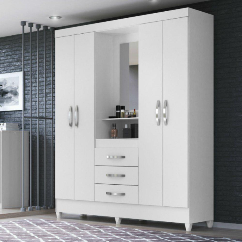 Guarda-Roupa Moval Capri com Espelho, 4 Portas e 3 Gavetas - Flex - Branco/Rosa - DaCidadeShop
