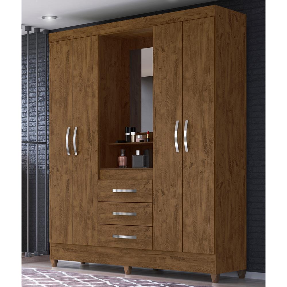 Guarda-Roupa Moval Capri com Espelho, 4 Portas e 3 Gavetas - Castanho Wood - DaCidadeShop